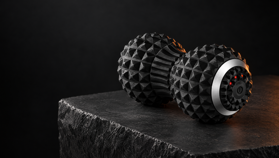 Peak Peanut Pro electric back massager, a vibrating peanut massage ball, in black on dark stone