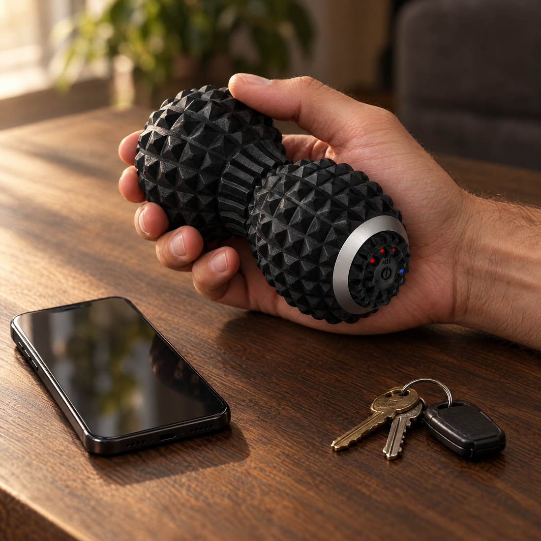 Peak Peanut Pro held in one hand beside a phone and keys, showing its size