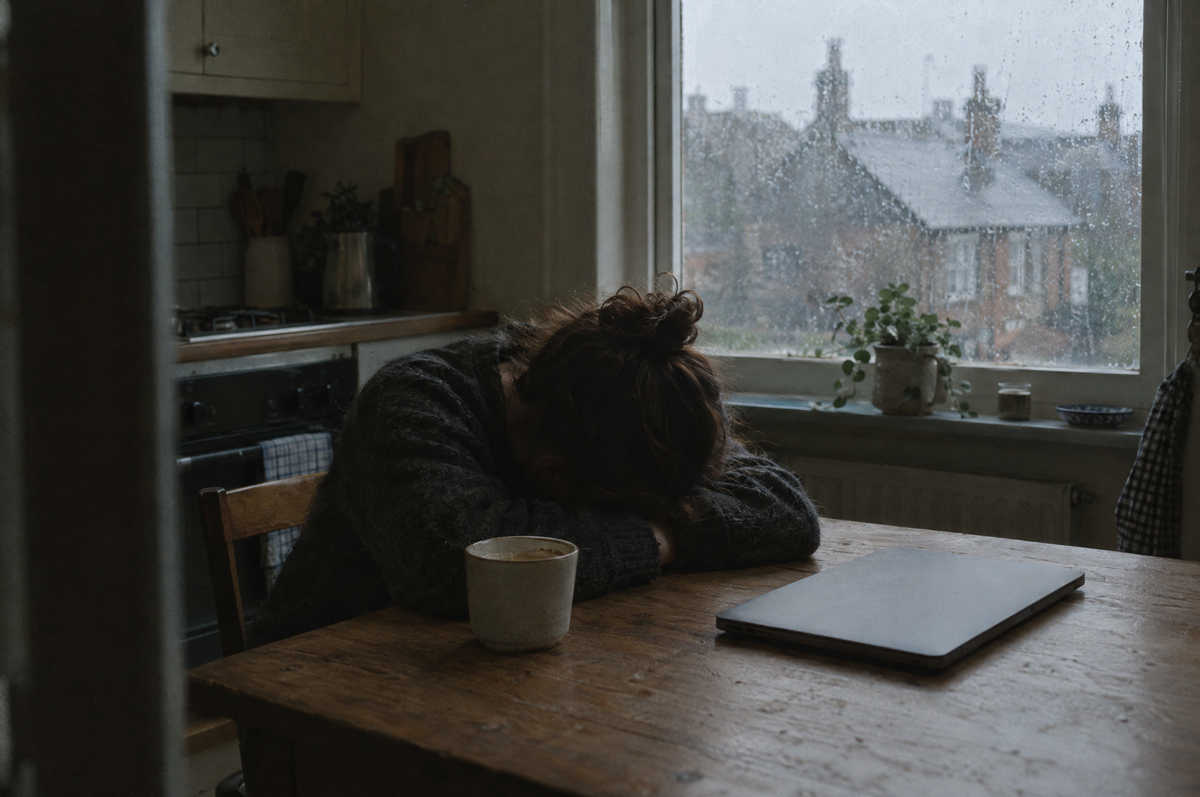 A person slumped over the kitchen table mid-afternoon beside a cold coffee
