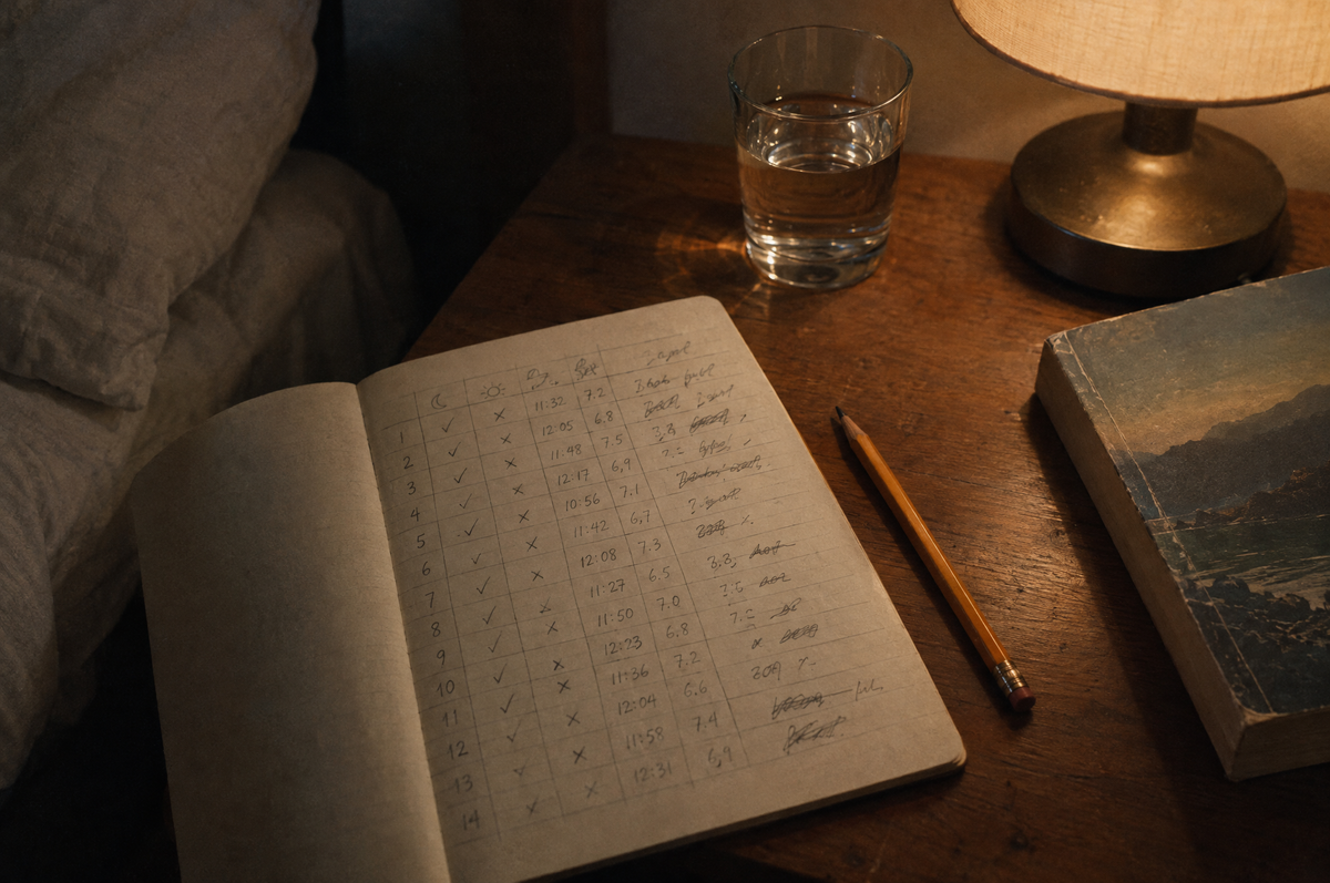 A handwritten 14-night sleep log open on a bedside table under a reading lamp