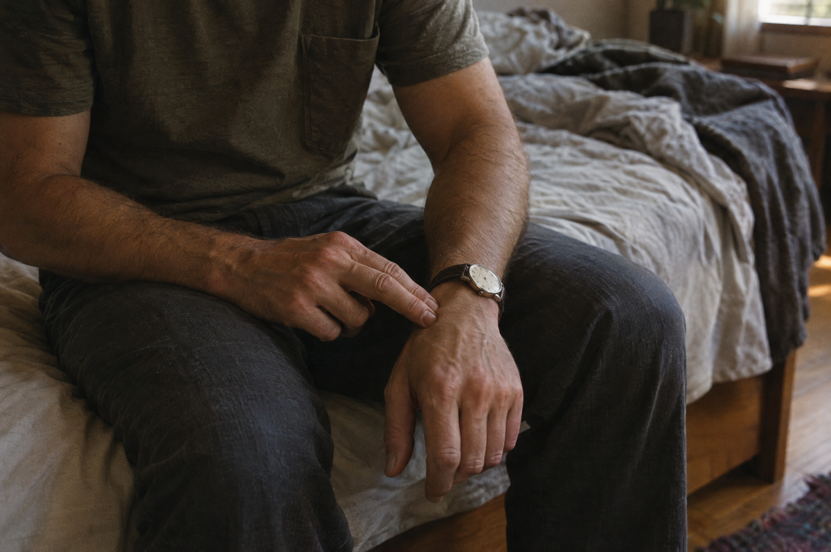 A man on the edge of his bed taking his pulse at the wrist against a watch's second hand