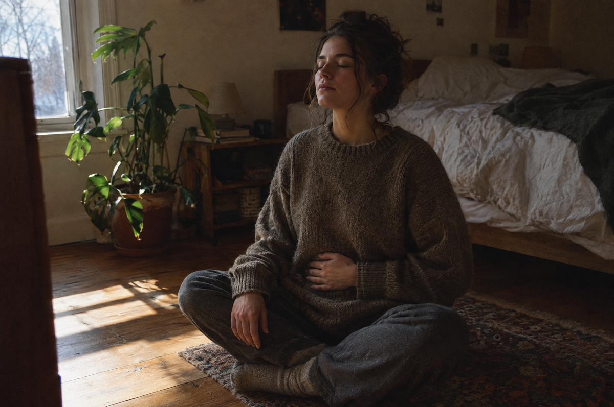 A woman sitting cross-legged on her bedroom floor doing slow breathing with a hand on her belly