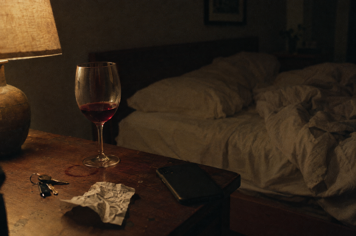 A half-finished glass of red wine on a bedside table late at night