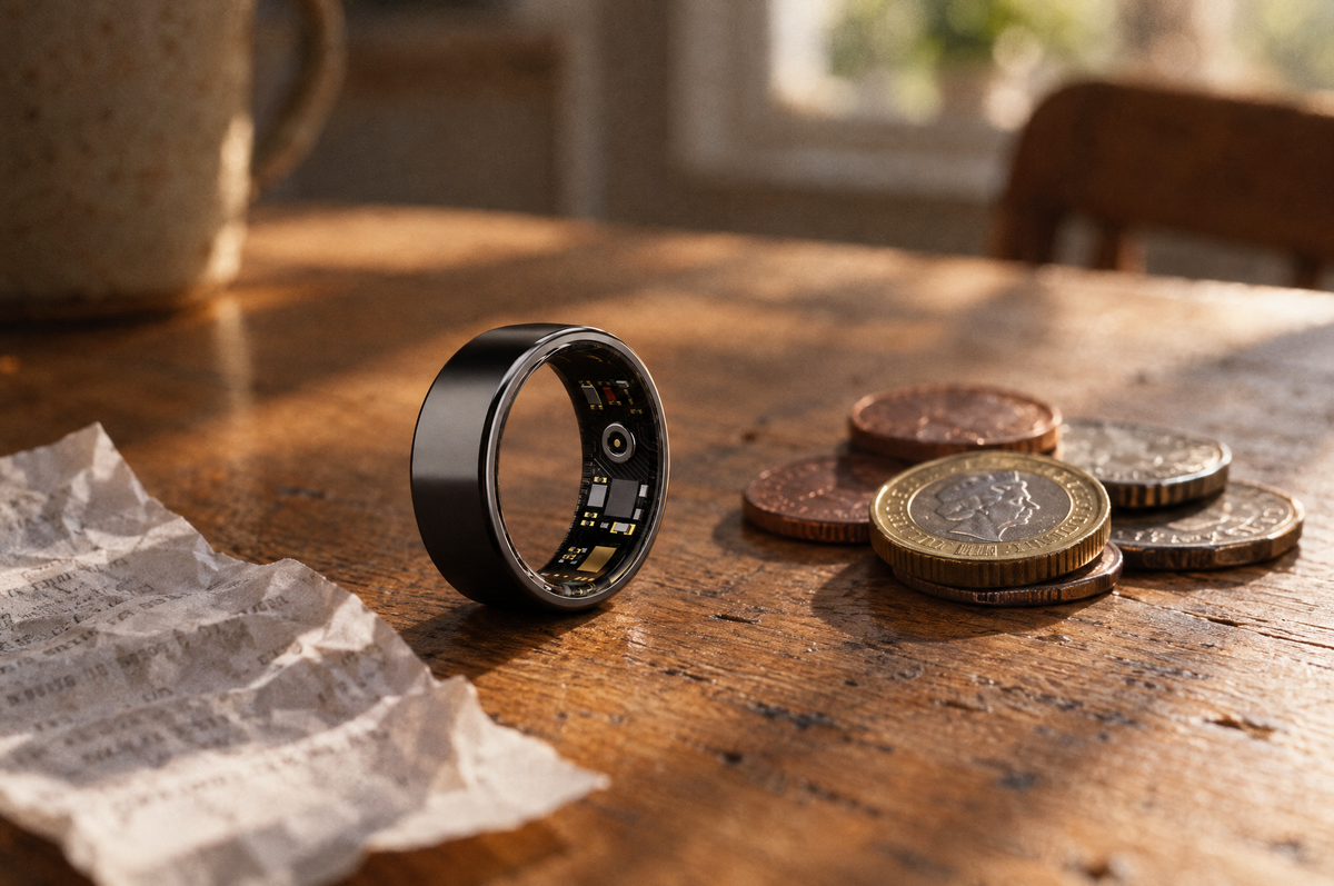 PulseRing Pro on a kitchen table beside a few pound coins and a receipt