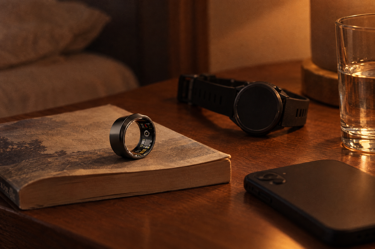 PulseRing Pro on a paperback next to a sports watch and a phone on a bedside table