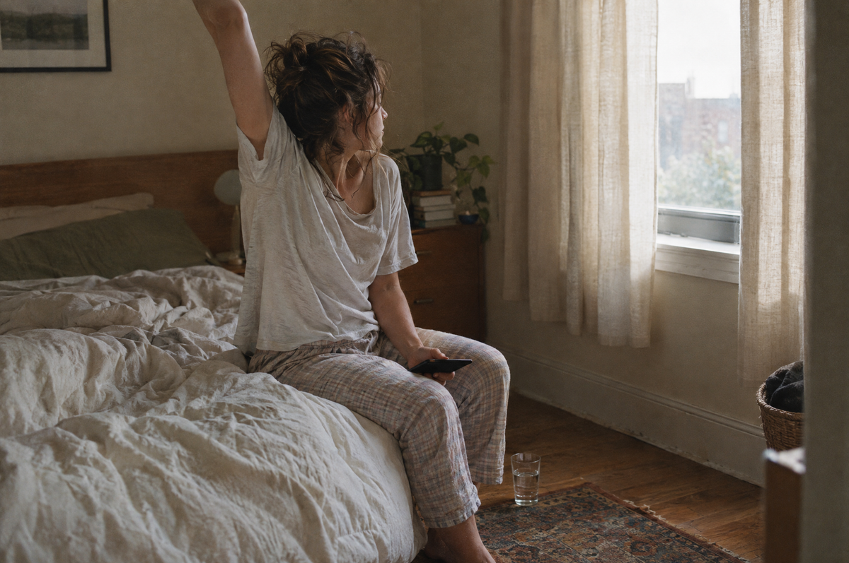 A woman stretching on the edge of her bed after waking, phone in her lap