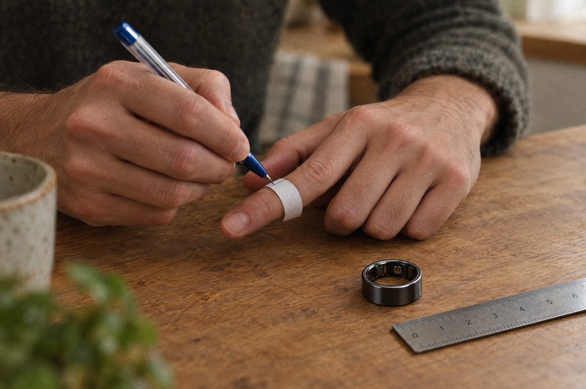 Measuring ring size at home with a paper strip around the finger, PulseRing Pro beside it