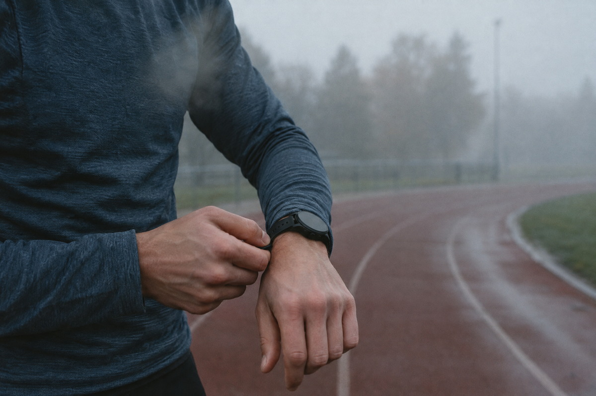 A runner adjusting a sports watch at the edge of a misty athletics track