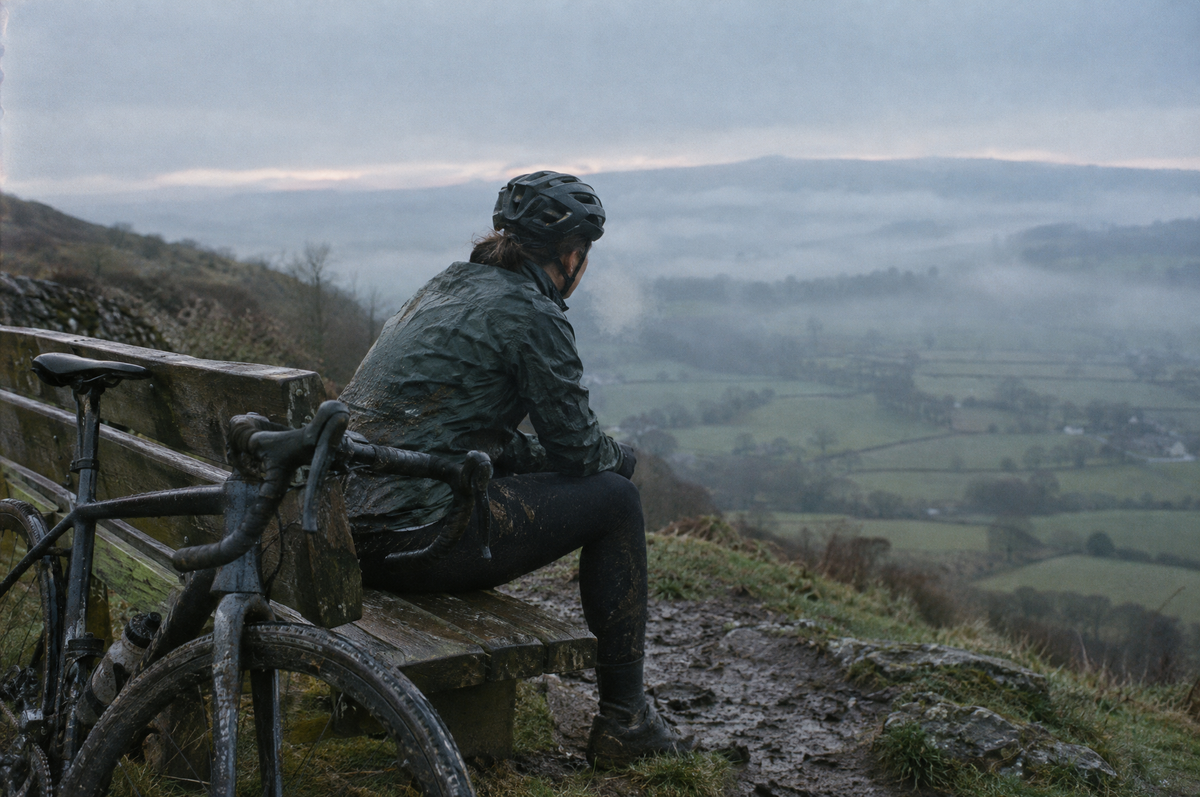 A cyclist catching their breath on a hilltop bench on a cold morning