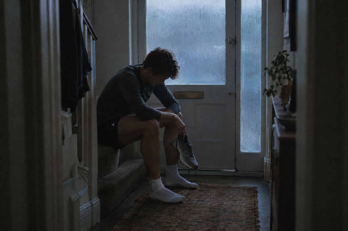 A runner sitting on the stairs at dawn holding a trainer, deciding whether to train