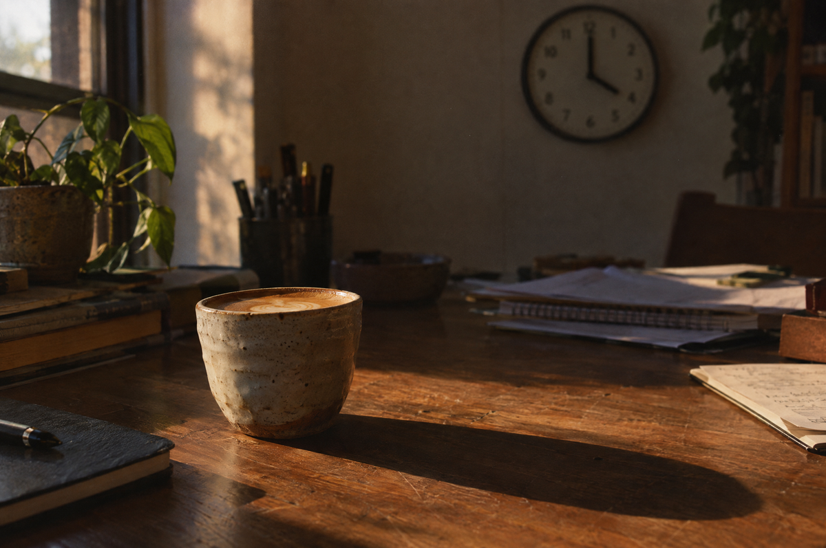 A flat white on a desk in low afternoon sun with a clock showing four o'clock