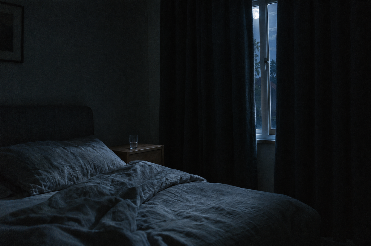 A cool, dark, tidy bedroom with blackout curtains and the window open a crack