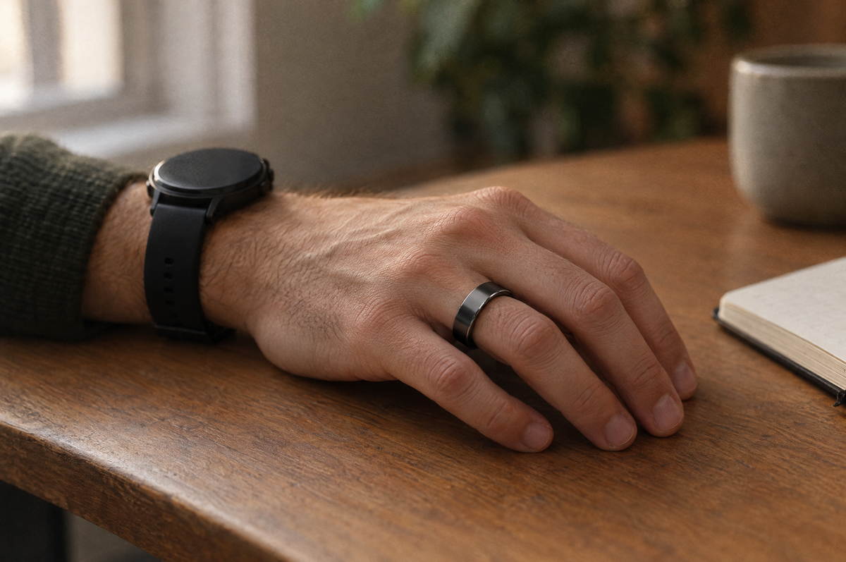 A hand wearing both a sports watch and PulseRing Pro resting on a desk