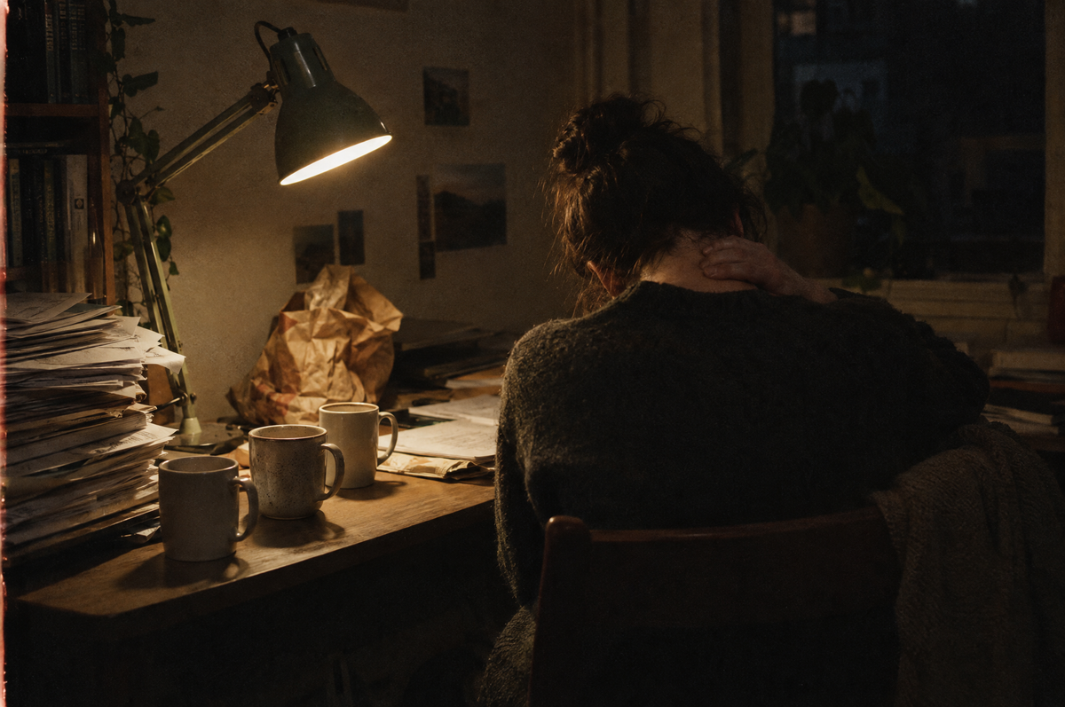 Someone working late at a cluttered desk under a lamp, rubbing their neck
