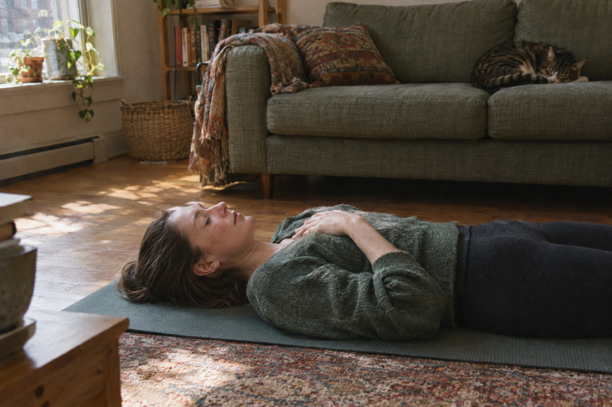 A woman lying still on a yoga mat with a hand on her chest