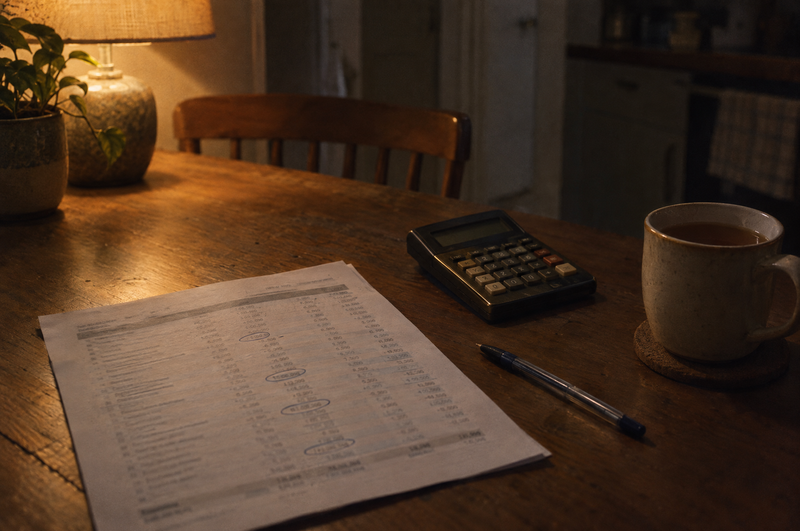 A bank statement, calculator and pen on a kitchen table in lamplight