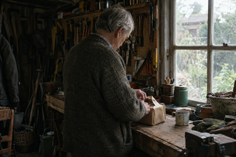 An older man opening a small parcel at the workbench in his shed