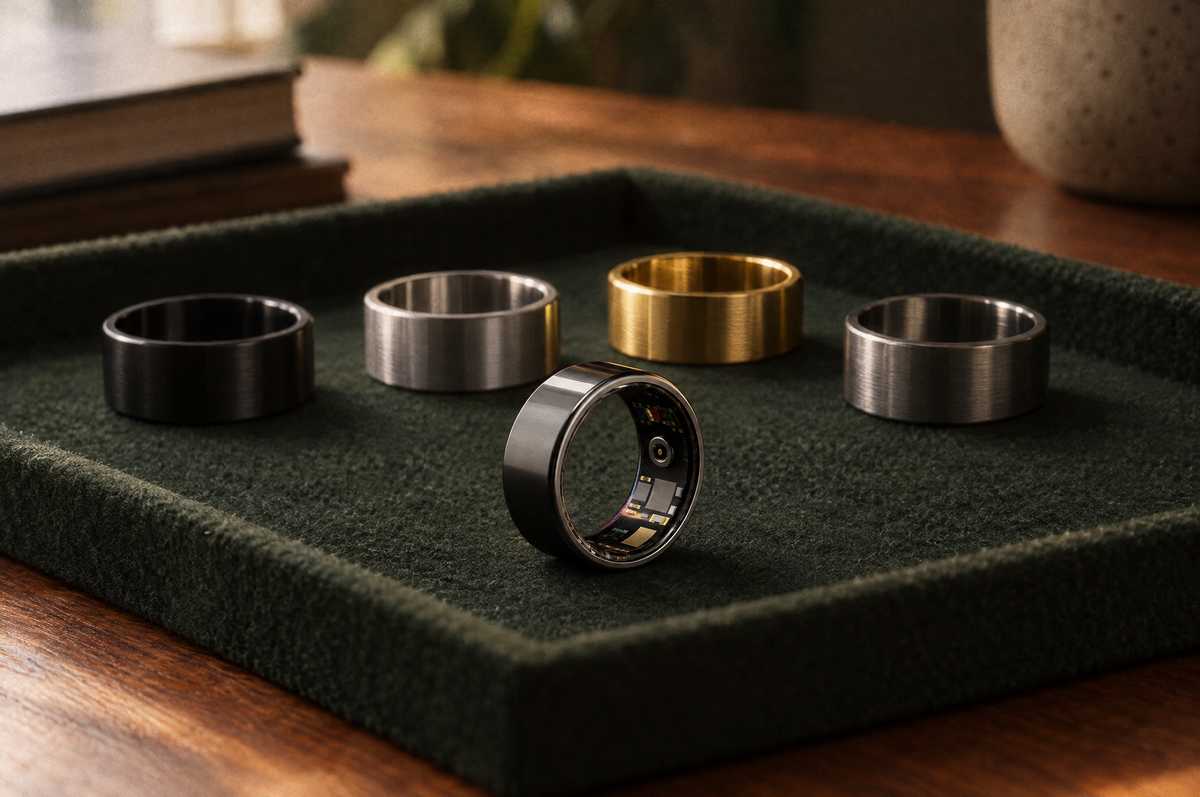 PulseRing Pro in front of a row of plain metal rings on a felt tray