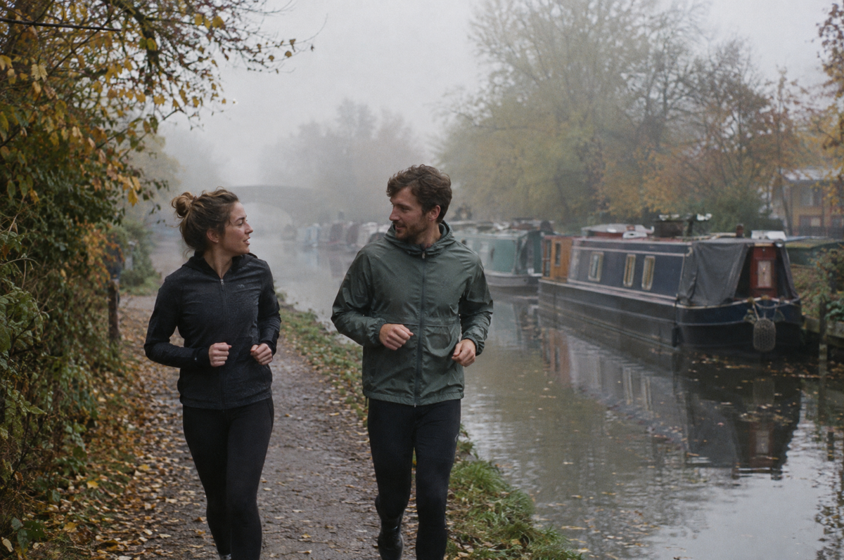 Two runners chatting at an easy pace along a misty canal towpath