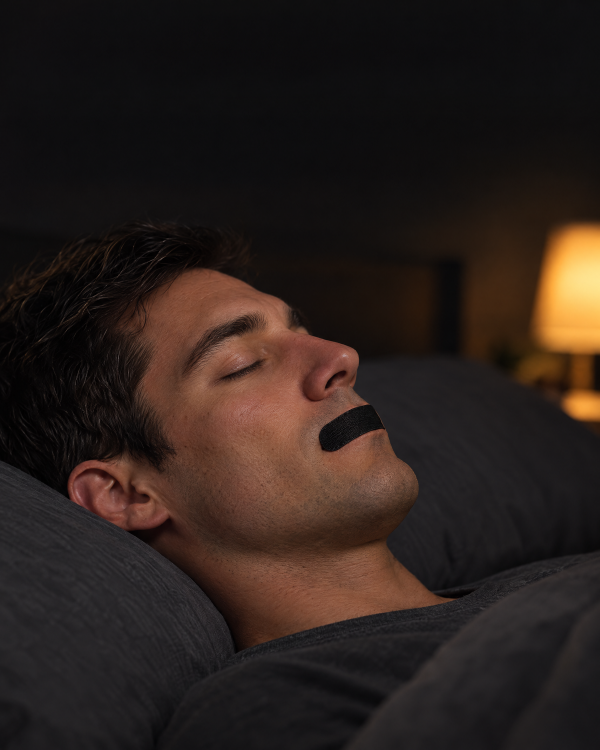Man asleep on his back wearing a strip of Peak Mouth Tape across his lips