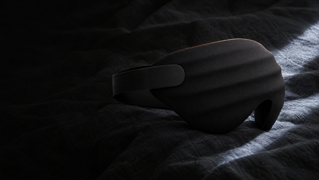 Peak Blackout contoured sleep mask in black on charcoal linen