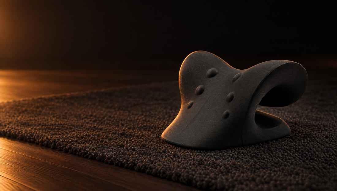CerviRelief Pro neck stretcher and neck relaxer in black on a charcoal rug