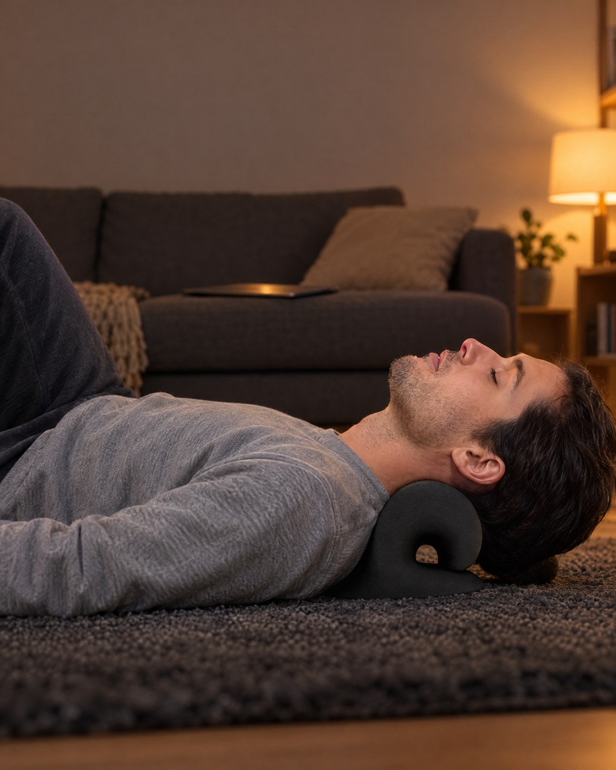 Man lying on a rug with his neck resting on CerviRelief Pro