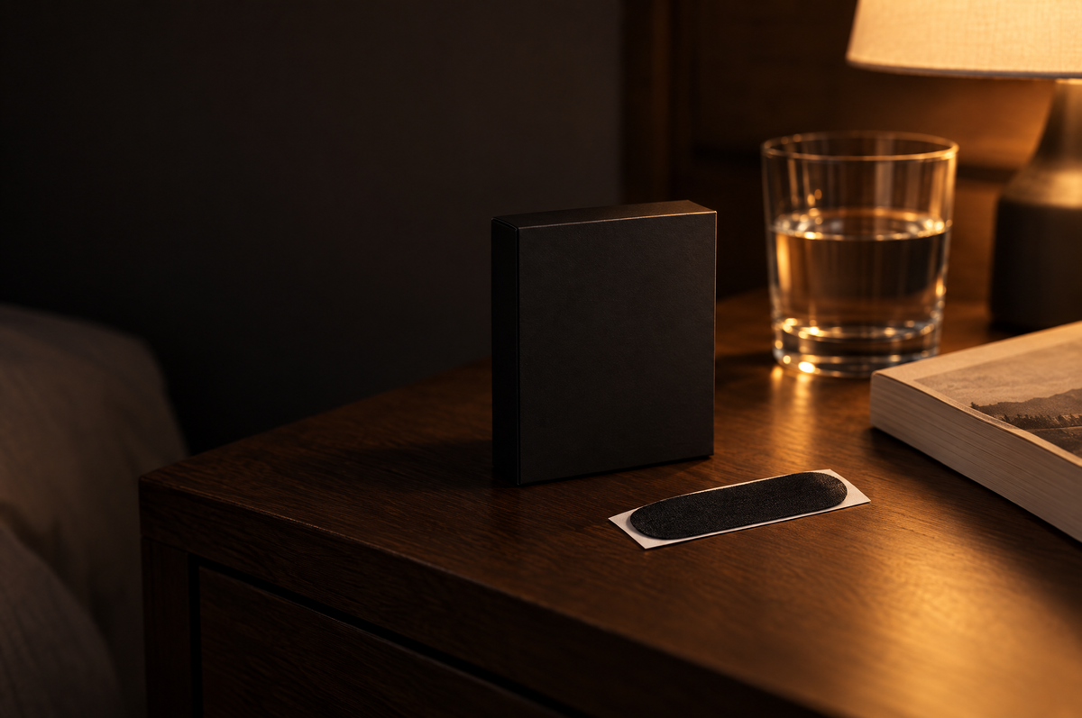 Peak Mouth Tape on a bedside table with a glass of water