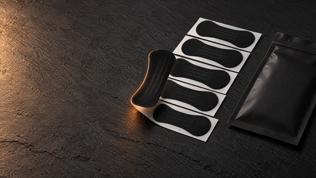 Peak Airflow nasal strips on their backing sheets beside the pouch