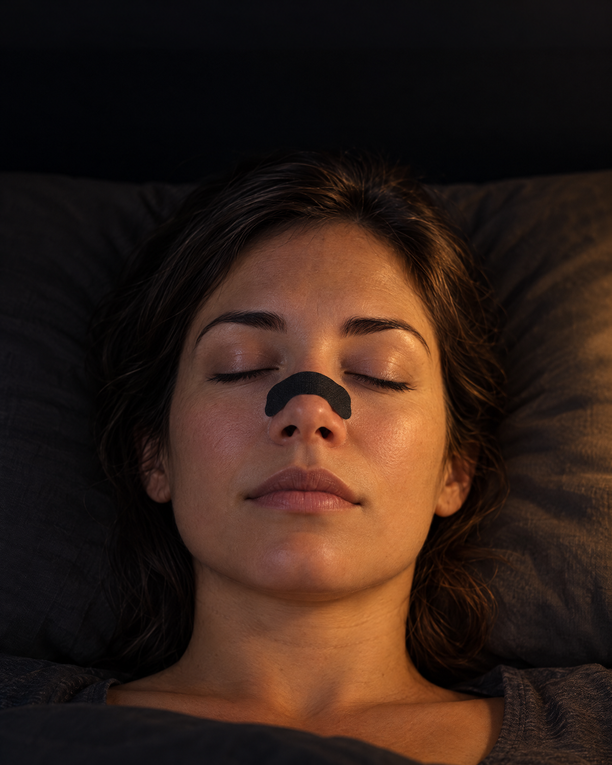 Woman asleep wearing a Peak Airflow strip across the middle of her nose