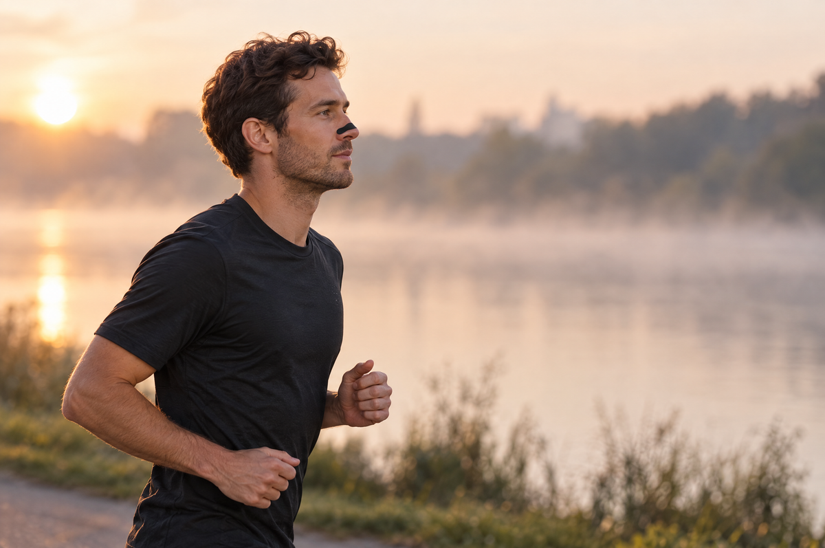 Man running beside a river wearing a Peak Airflow strip