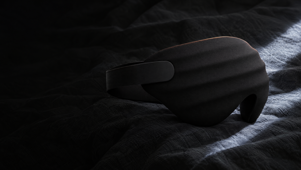 Peak Blackout contoured sleep mask in black on charcoal linen