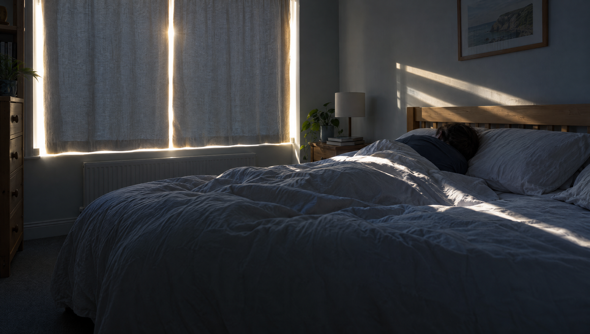 Bedroom at dawn with sunlight coming round the curtains