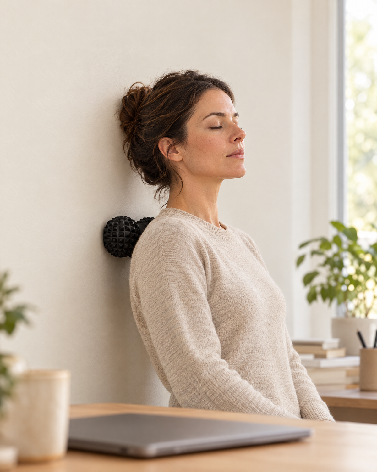 Woman leaning against a wall with Peak Peanut Pro between her shoulder blades