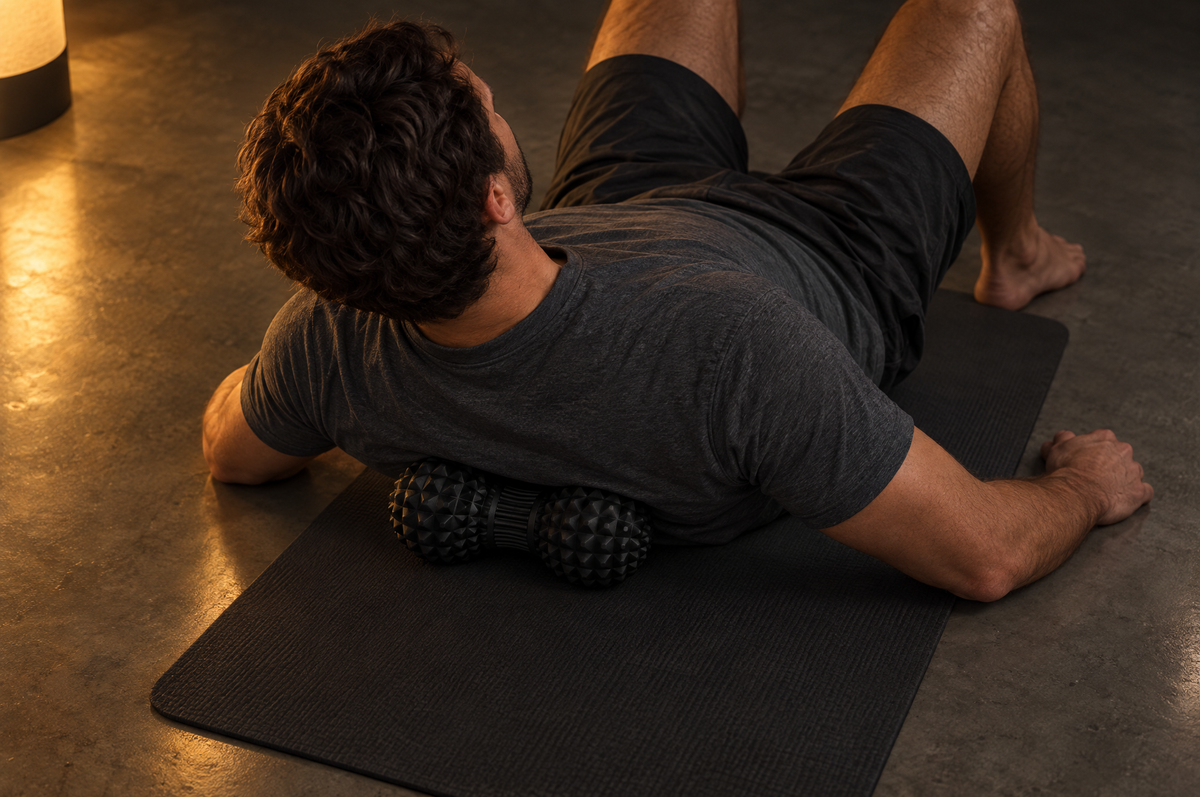 Man lying on a mat with Peak Peanut Pro across his upper back, one sphere either side of the spine