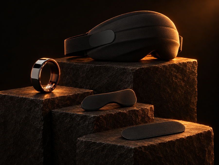 PulseRing Pro, a Peak Blackout sleep mask, a Peak Airflow nasal strip and a strip of Peak Mouth Tape on dark stone steps