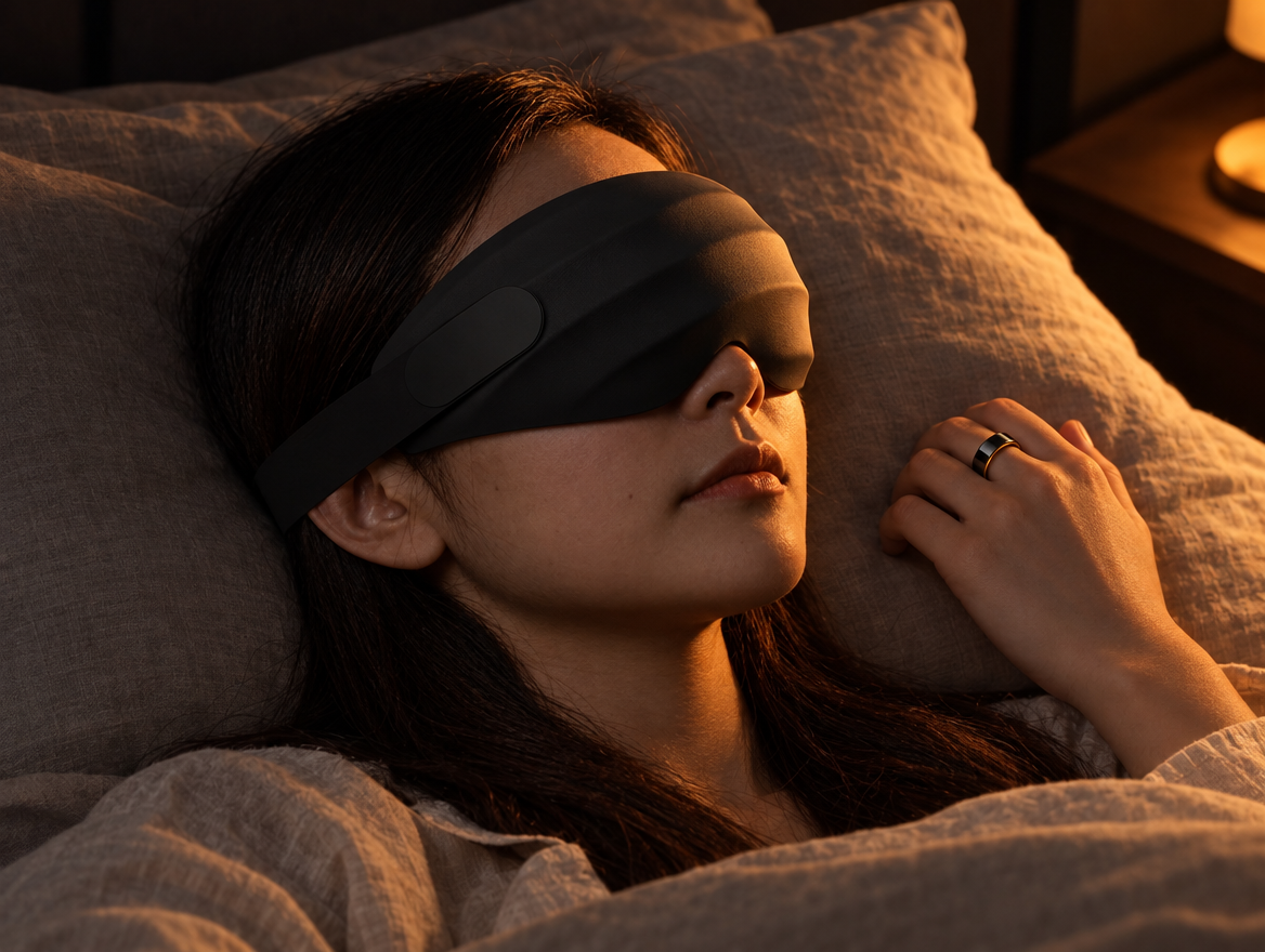 Asleep wearing Peak Blackout with PulseRing Pro on her finger