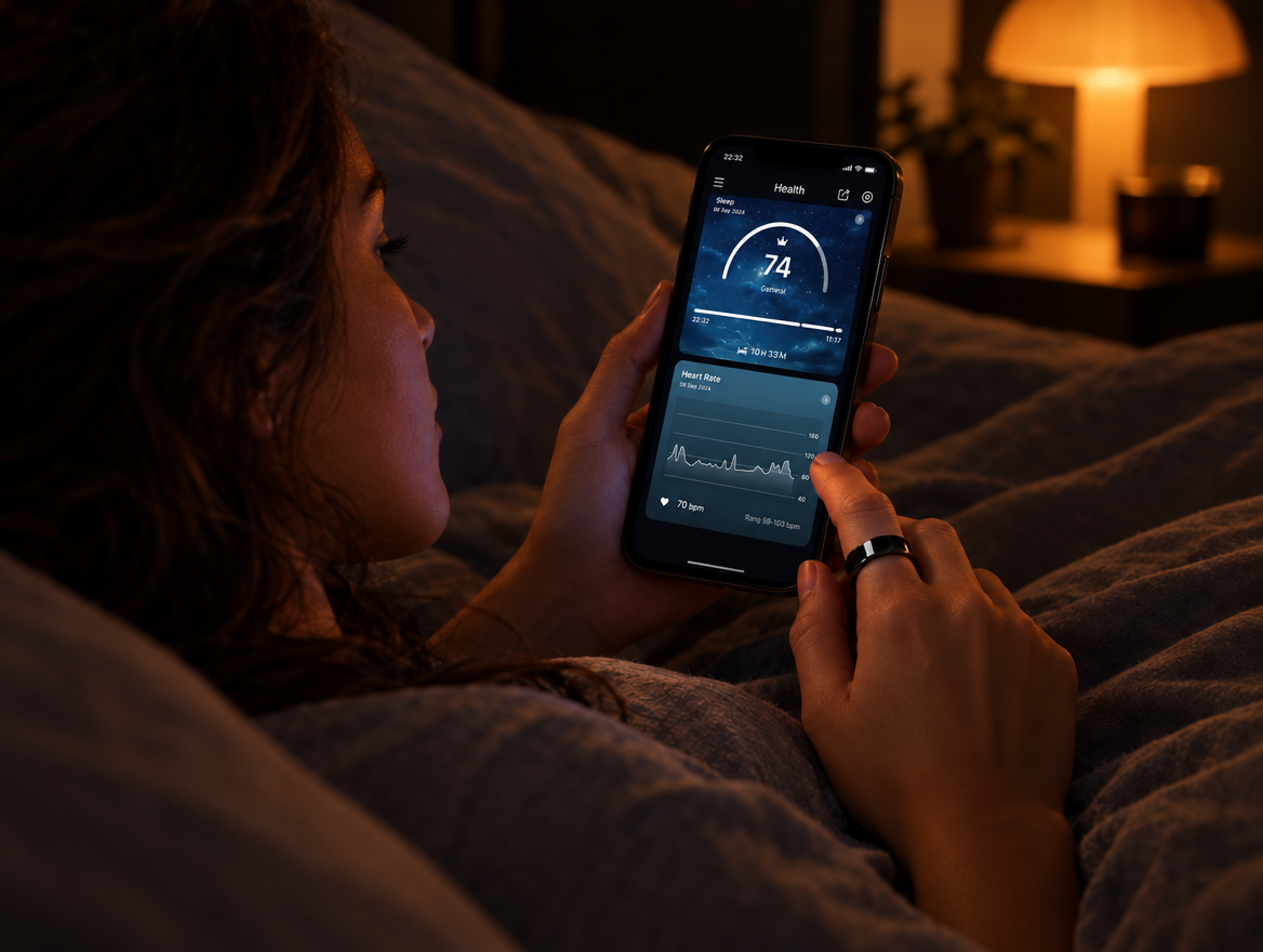 Checking last night's sleep score in the app, ring on finger